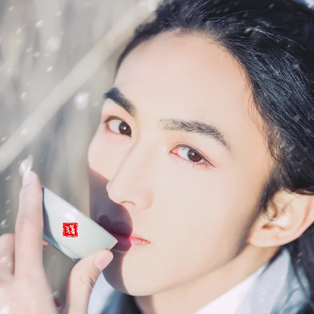 雪飄帶折扇白衣男生頭像，唯美古風(fēng)真人頭像