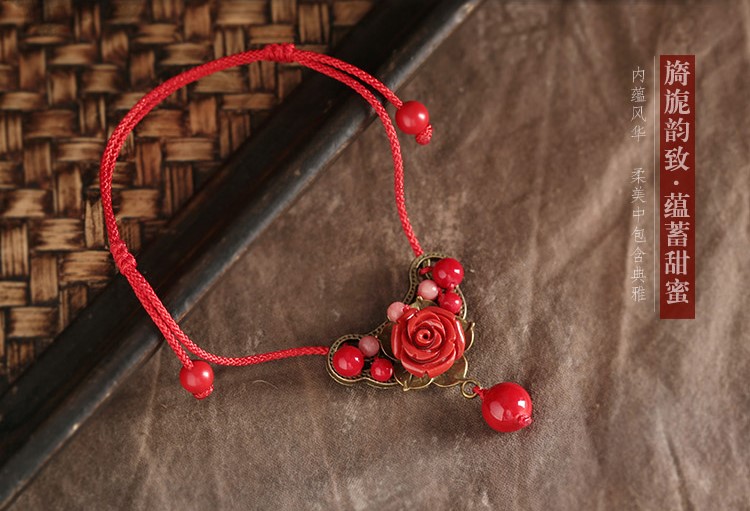紅色玫瑰花腳鏈復古家佳樂文學飾品