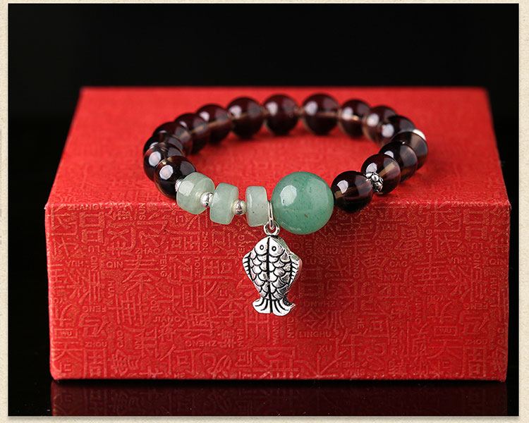 茶水晶手鏈:簡約個性純銀魚吊墜手串首飾