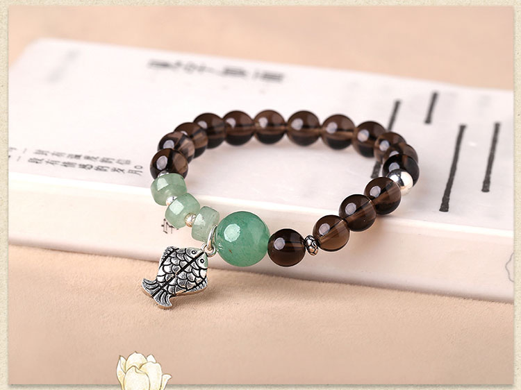 茶水晶手鏈:簡約個性純銀魚吊墜手串首飾