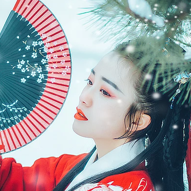 唯美古風真人頭像:雪花帶傘紅衣女生頭像