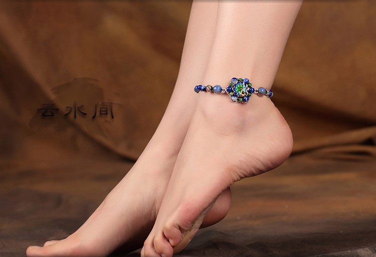 孔雀景泰藍(lán)腳鏈:家佳樂文學(xué)藍(lán)色琉璃復(fù)古腳鏈