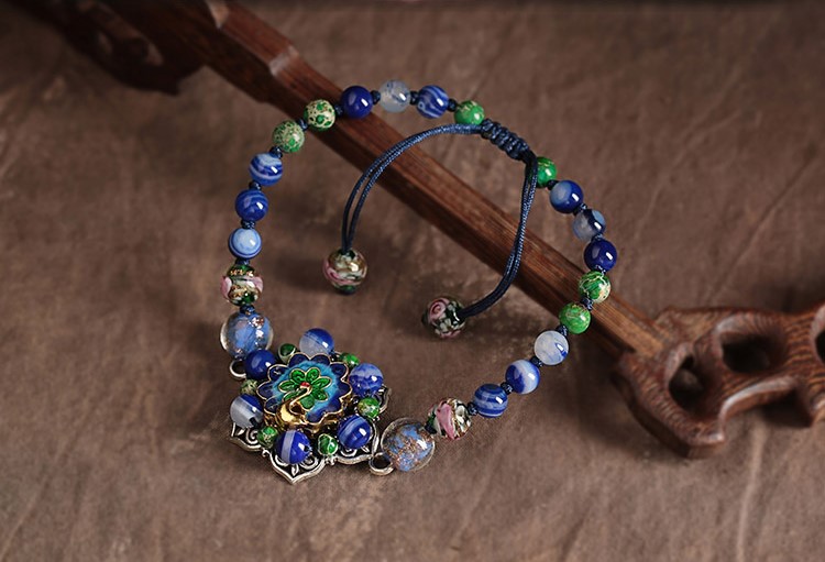 孔雀景泰藍(lán)腳鏈:家佳樂文學(xué)藍(lán)色琉璃復(fù)古腳鏈