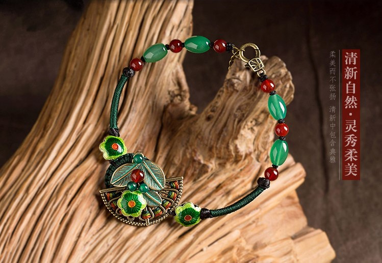 煙翠古韻腳鏈：復古綠葉扇形吊墜腳鏈