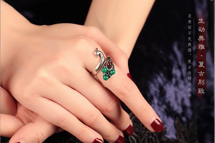 復古典雅鳳凰開口藏銀戒指首飾