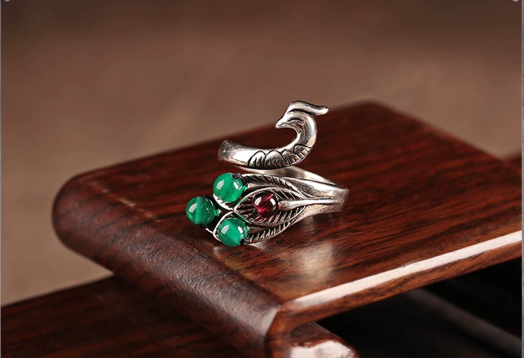 復古典雅鳳凰開口藏銀戒指首飾