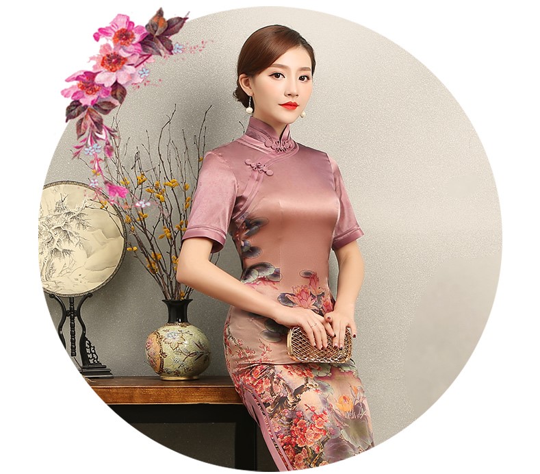 紅蓮花短袖旗袍，優(yōu)雅復(fù)古風(fēng)旗袍裙