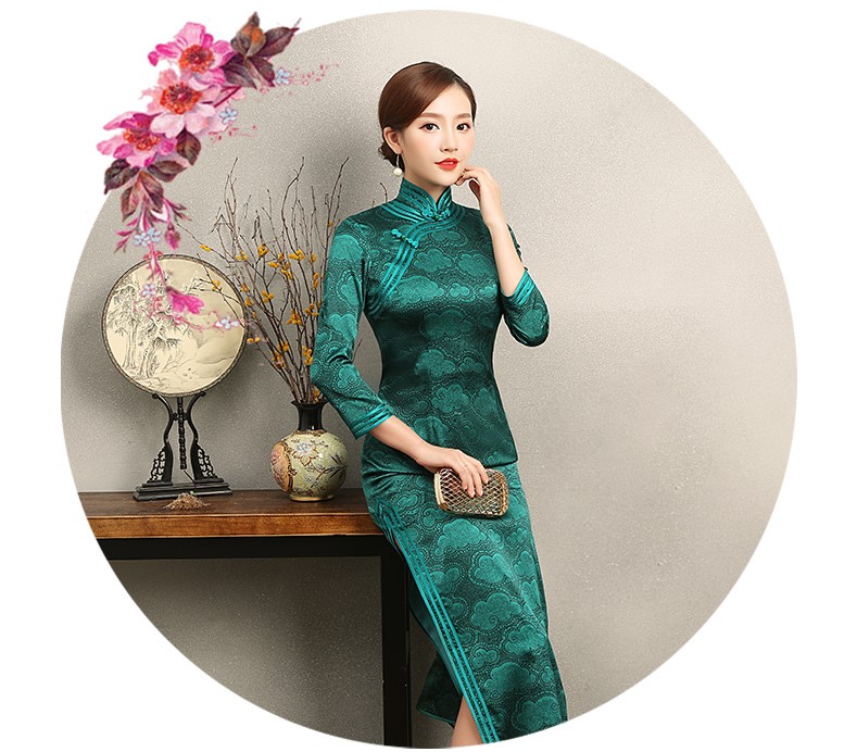 雍容華貴祥云圖案旗袍，復古風墨綠色旗袍裙