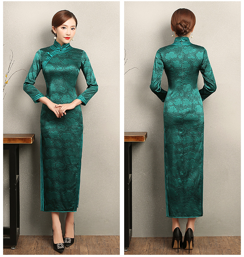 雍容華貴祥云圖案旗袍，復古風墨綠色旗袍裙