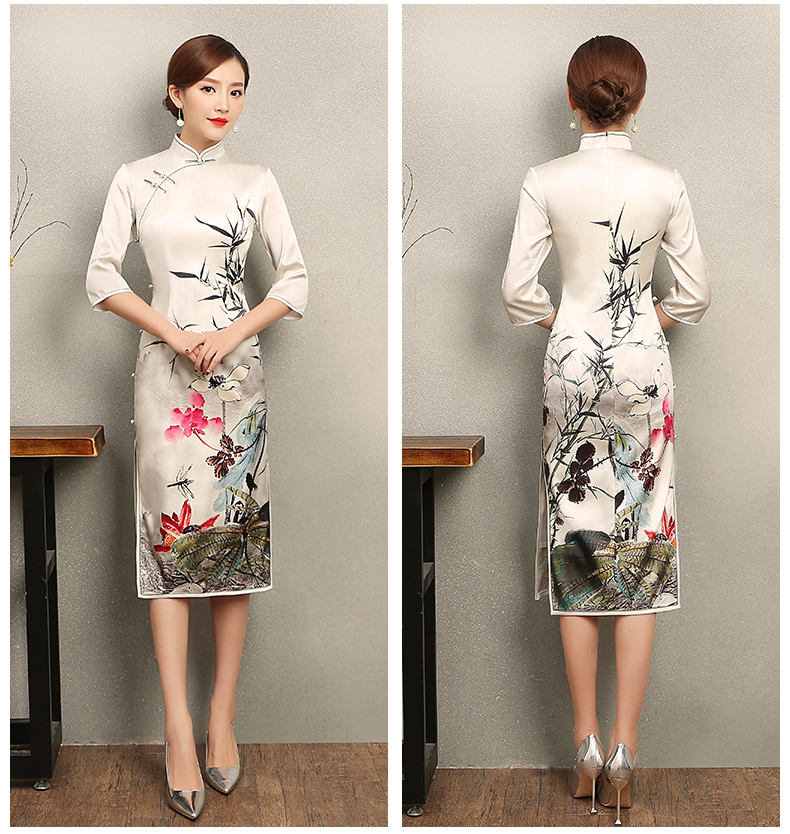 白色戀荷旗袍，素雅印花旗袍裙