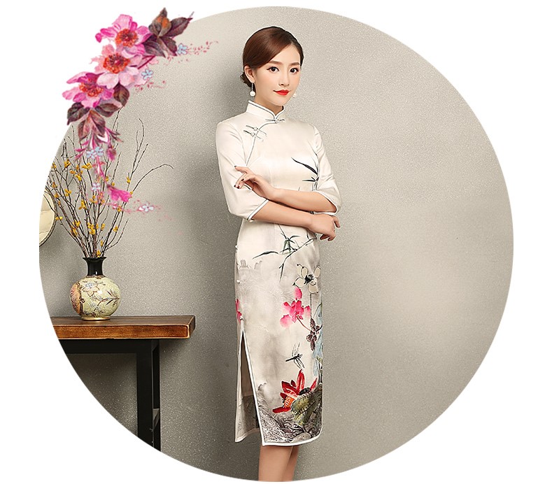 白色戀荷旗袍，素雅印花旗袍裙