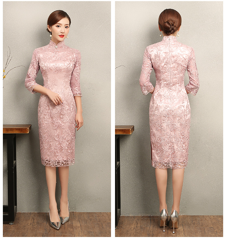 淺粉復(fù)古蕾絲旗袍，芊玉刺繡旗袍裙