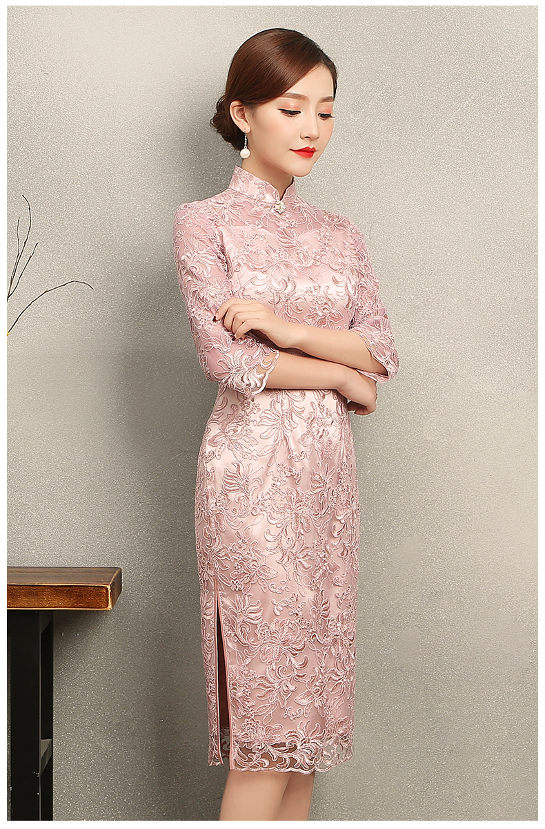 淺粉復(fù)古蕾絲旗袍，芊玉刺繡旗袍裙