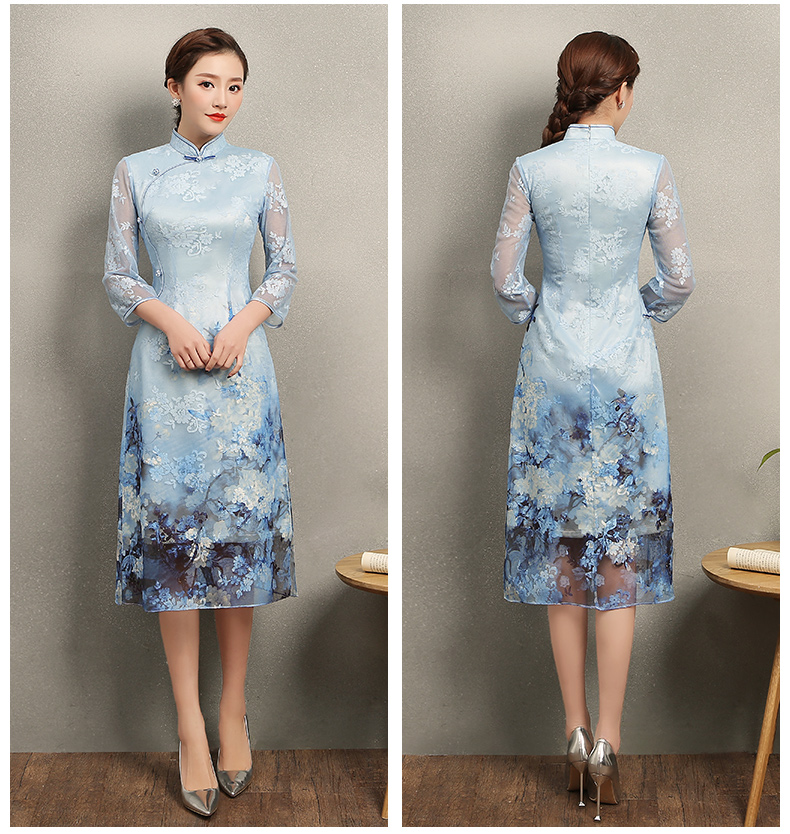 清雅藍(lán)蝶蕾絲旗袍，中袖唯美旗袍裙