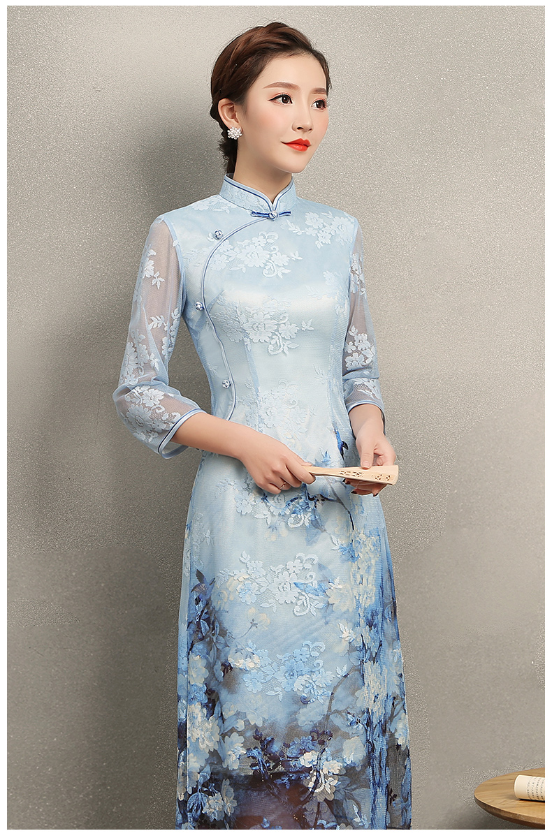 清雅藍(lán)蝶蕾絲旗袍，中袖唯美旗袍裙