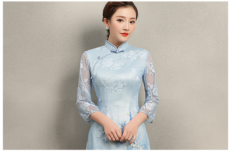 清雅藍(lán)蝶蕾絲旗袍，中袖唯美旗袍裙