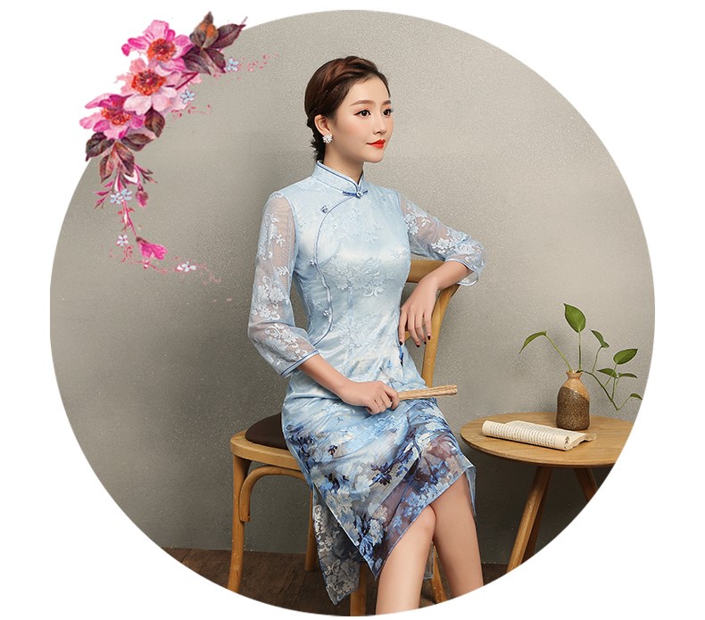 清雅藍(lán)蝶蕾絲旗袍，中袖唯美旗袍裙