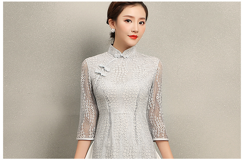 淺灰?jiàn)W黛風(fēng)旗袍，蕾絲中式旗袍裙
