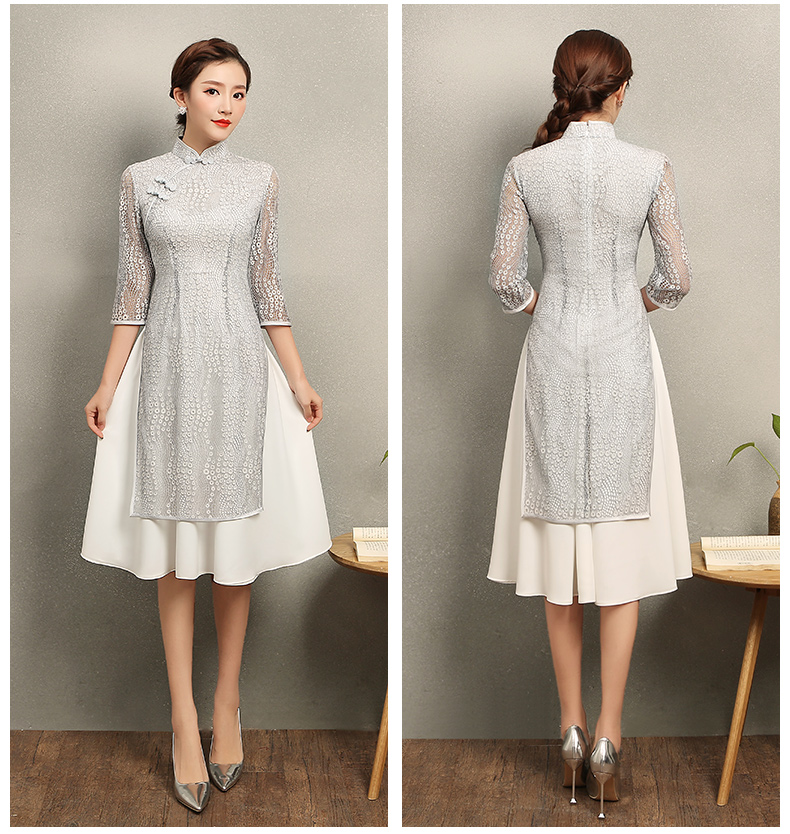 淺灰?jiàn)W黛風(fēng)旗袍，蕾絲中式旗袍裙
