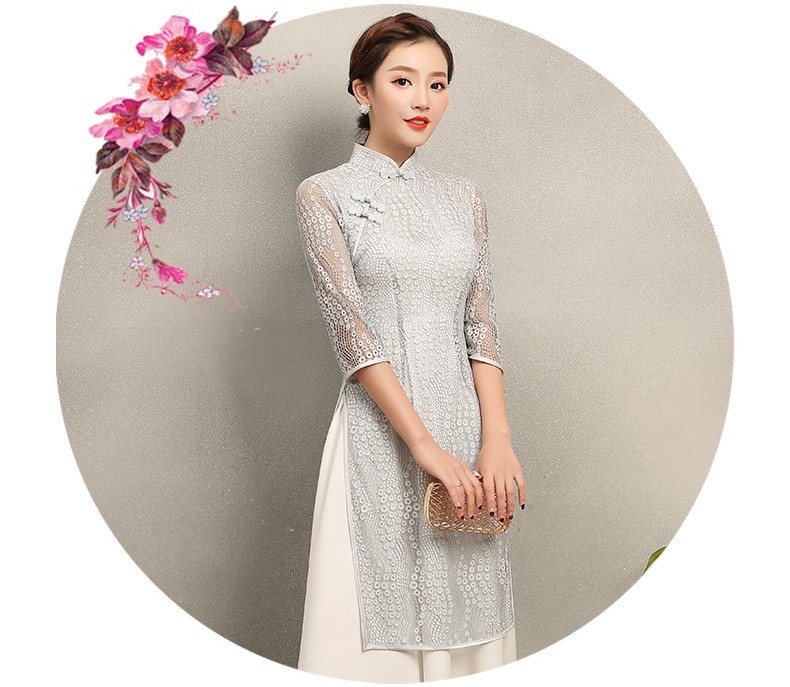 淺灰?jiàn)W黛風(fēng)旗袍，蕾絲中式旗袍裙