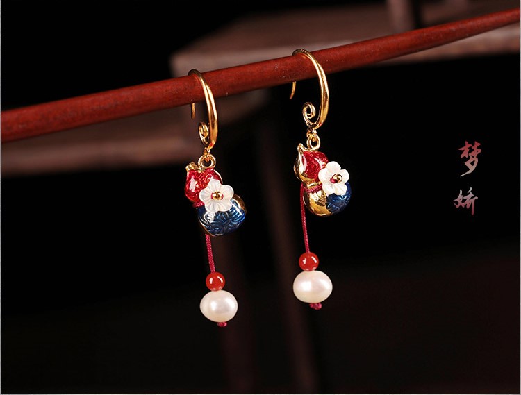 古典古風葫蘆耳環(huán)，復古貝殼花朵耳飾耳環(huán)