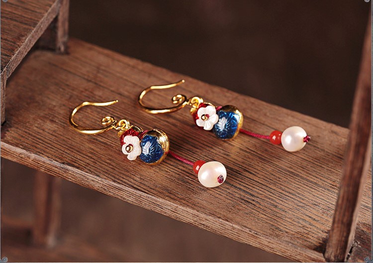 古典古風葫蘆耳環(huán)，復古貝殼花朵耳飾耳環(huán)
