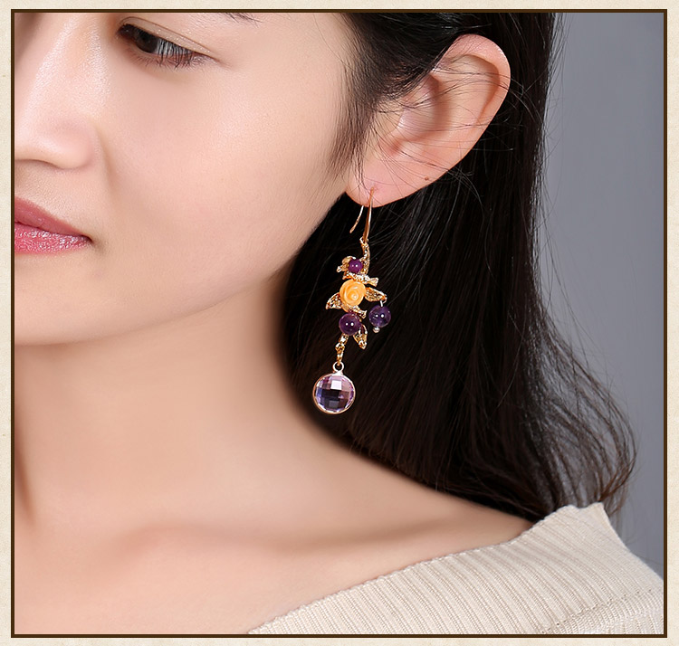 古風(fēng)宮廷氣質(zhì)耳環(huán)，淡紫個(gè)性鳥(niǎo)兒耳飾首飾