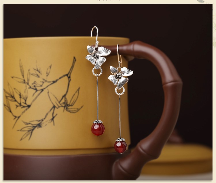純銀花吊墜耳環(huán)，復(fù)古家佳樂文學(xué)古典耳飾首飾