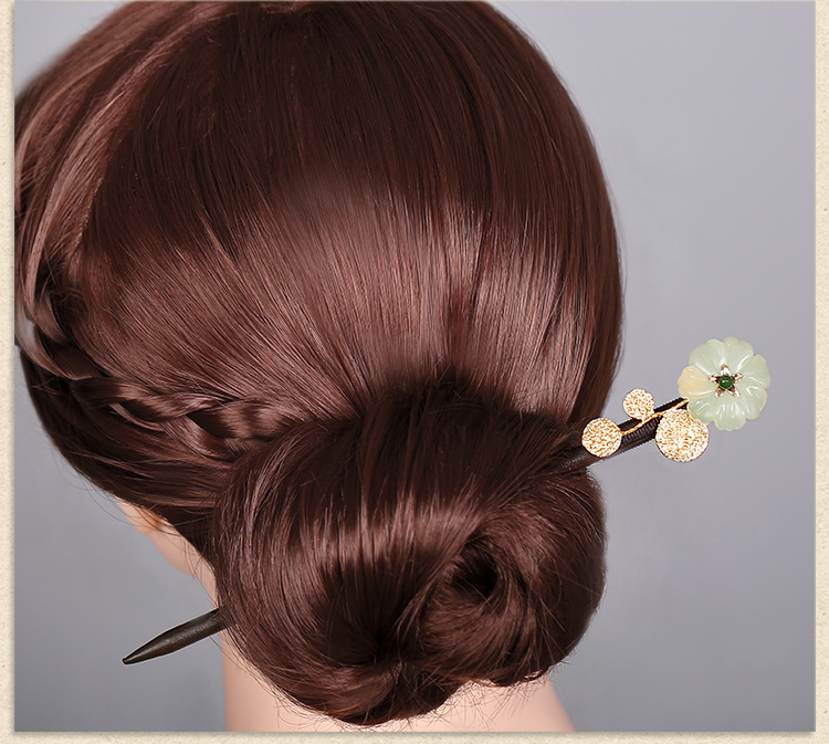 古典盤發(fā)玉花珠釵，古風岫玉發(fā)釵發(fā)簪頭飾