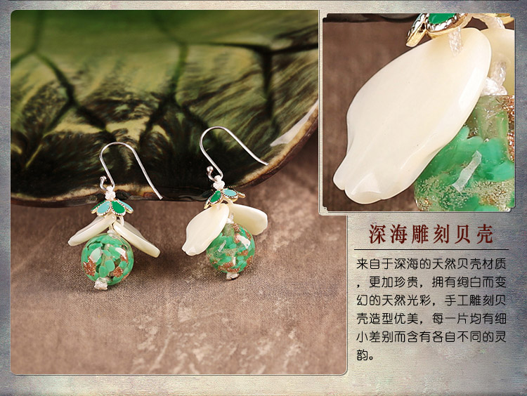 琉璃貝殼耳墜，氣質清新銀耳環(huán)首飾