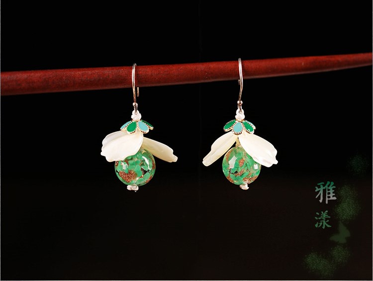 琉璃貝殼耳墜，氣質清新銀耳環(huán)首飾