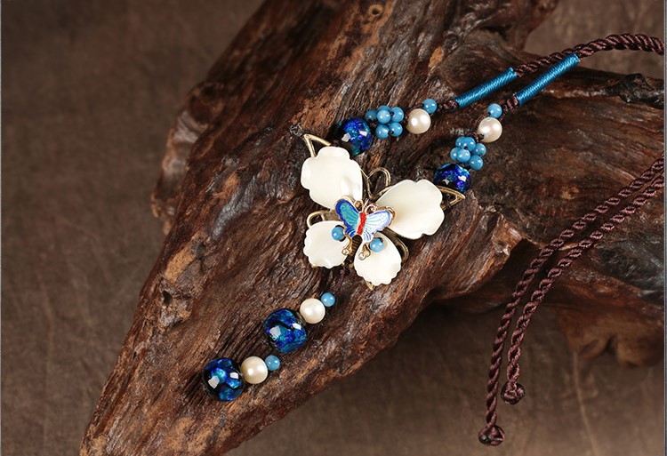 蝶夢幽幽復古鎖骨鏈，唯美藍色項鏈首飾