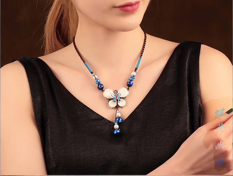 蝶夢幽幽復古鎖骨鏈，唯美藍色項鏈首飾