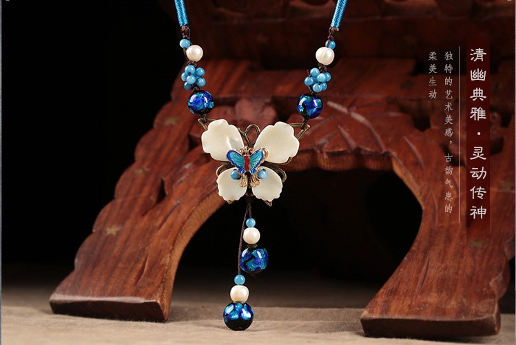 蝶夢幽幽復古鎖骨鏈，唯美藍色項鏈首飾