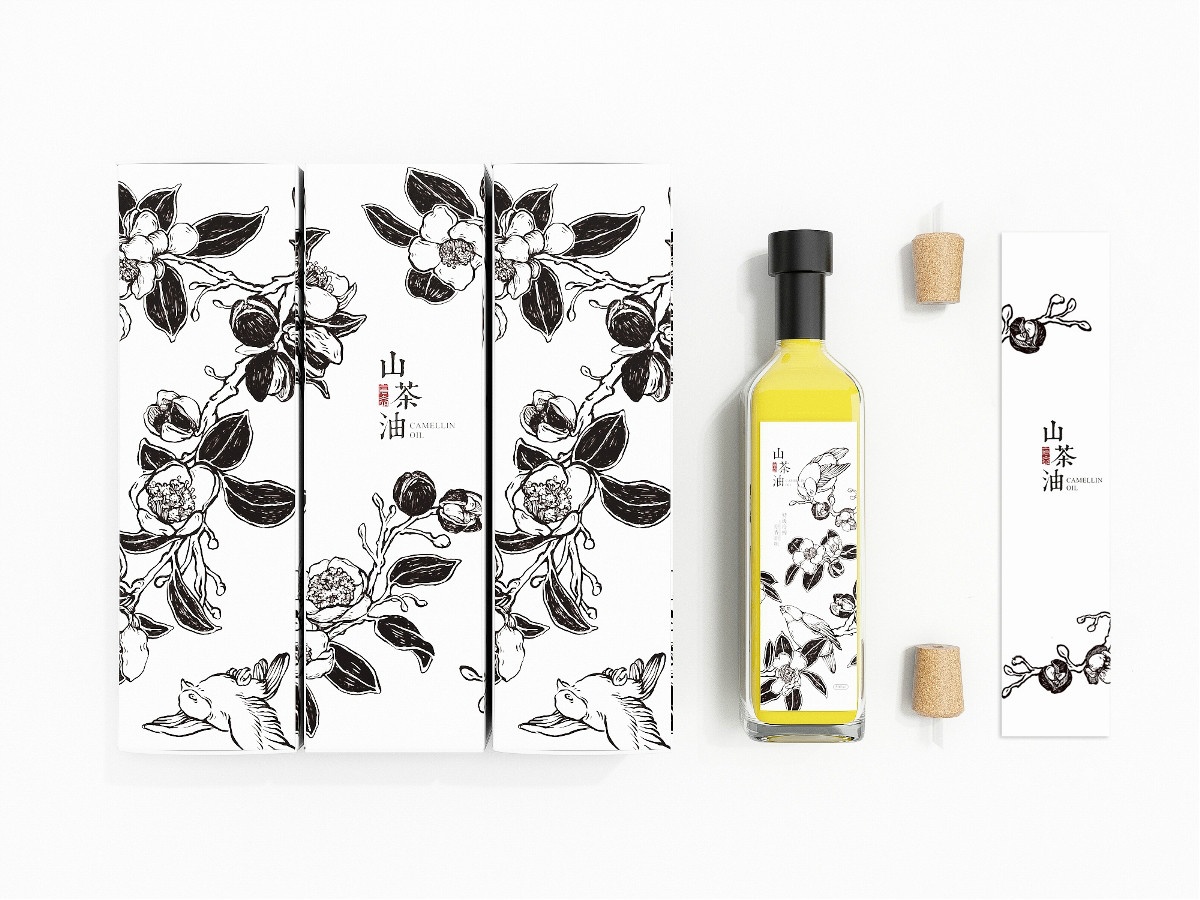 山茶油包裝設(shè)計，手繪圖案食品包裝設(shè)計