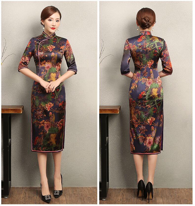 百花齊放優(yōu)雅旗袍，深紫色印花旗袍裙