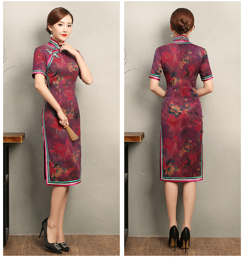 紫蘇韻味印花旗袍，民族風(fēng)包邊短袖旗袍裙