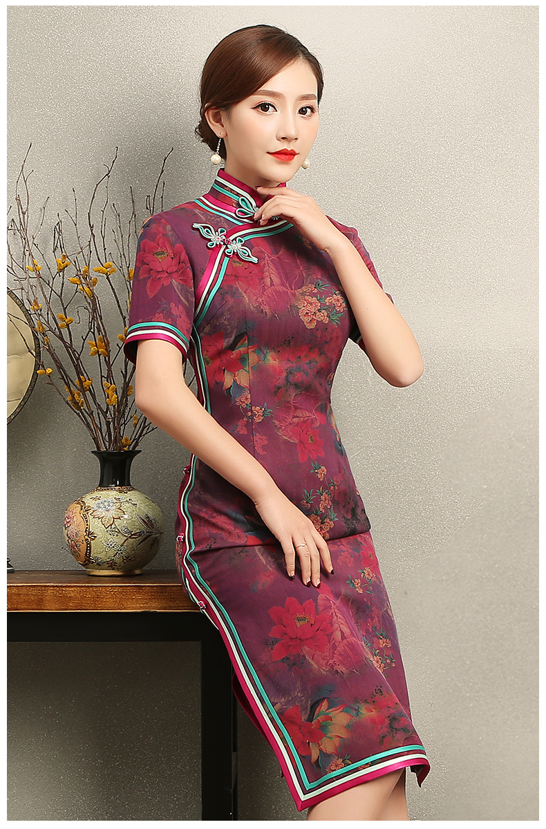 紫蘇韻味印花旗袍，民族風(fēng)包邊短袖旗袍裙