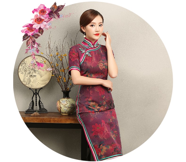 紫蘇韻味印花旗袍，民族風(fēng)包邊短袖旗袍裙