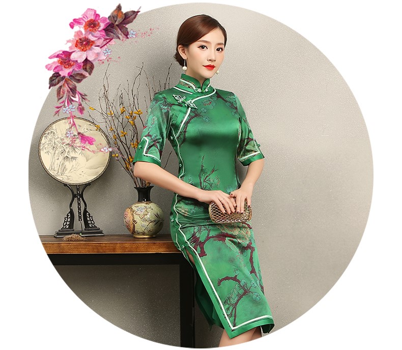 花枝印花綠色旗袍，民族風(fēng)短袖旗袍裙