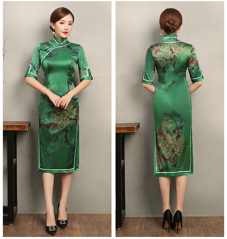 花枝印花綠色旗袍，民族風(fēng)短袖旗袍裙