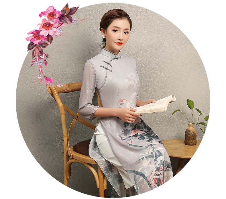 淡灰色花閣旗袍，奧黛風中式旗袍裙