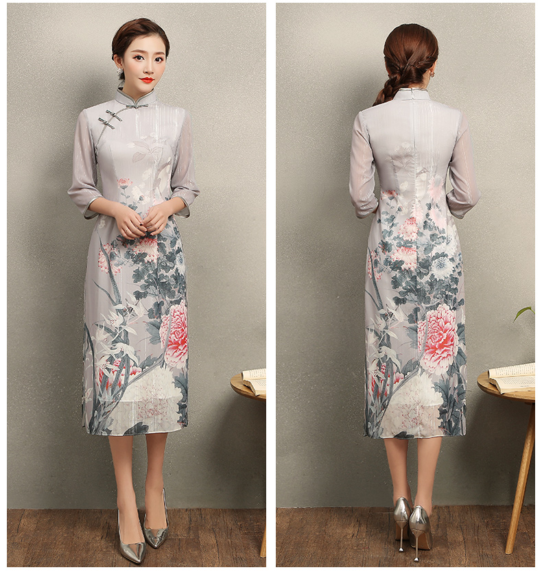 淡灰色花閣旗袍，奧黛風中式旗袍裙