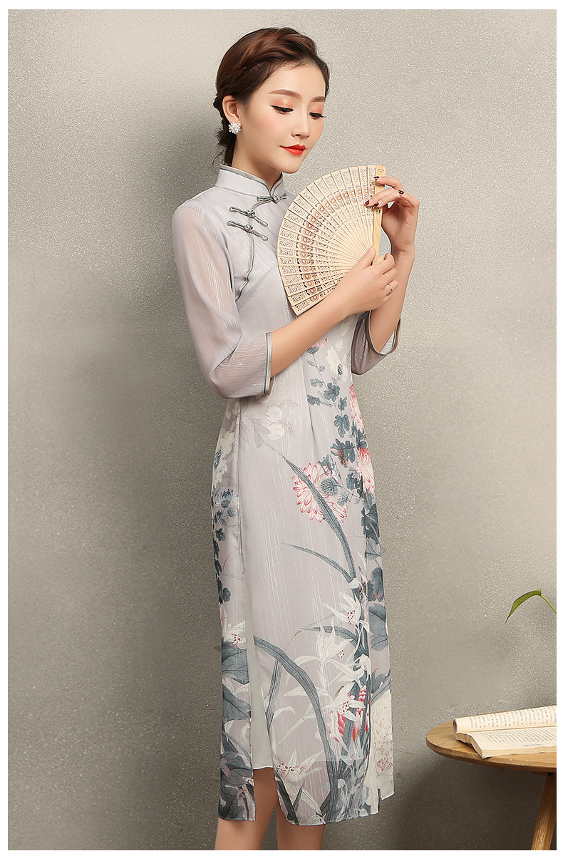 淡灰色花閣旗袍，奧黛風中式旗袍裙