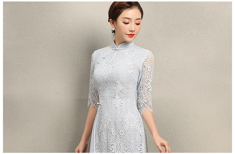 氣質(zhì)素藍(lán)色蕾絲旗袍，中袖中式旗袍裙