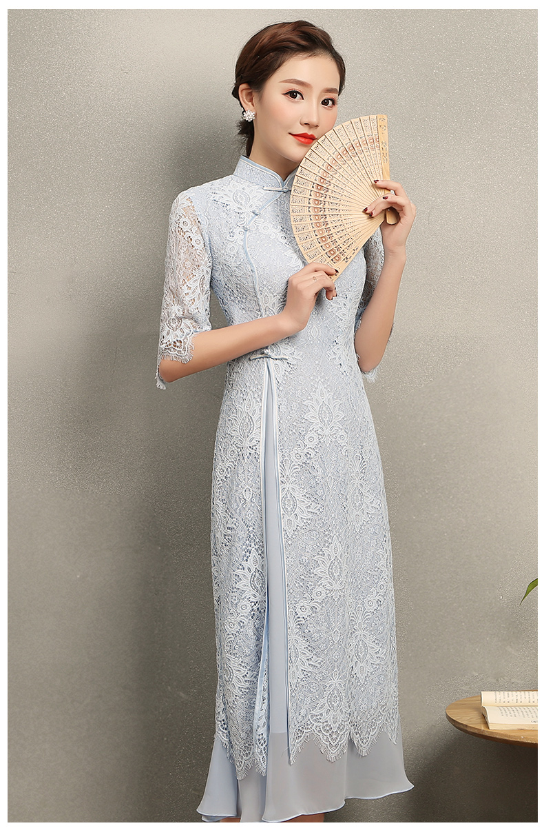 氣質(zhì)素藍(lán)色蕾絲旗袍，中袖中式旗袍裙
