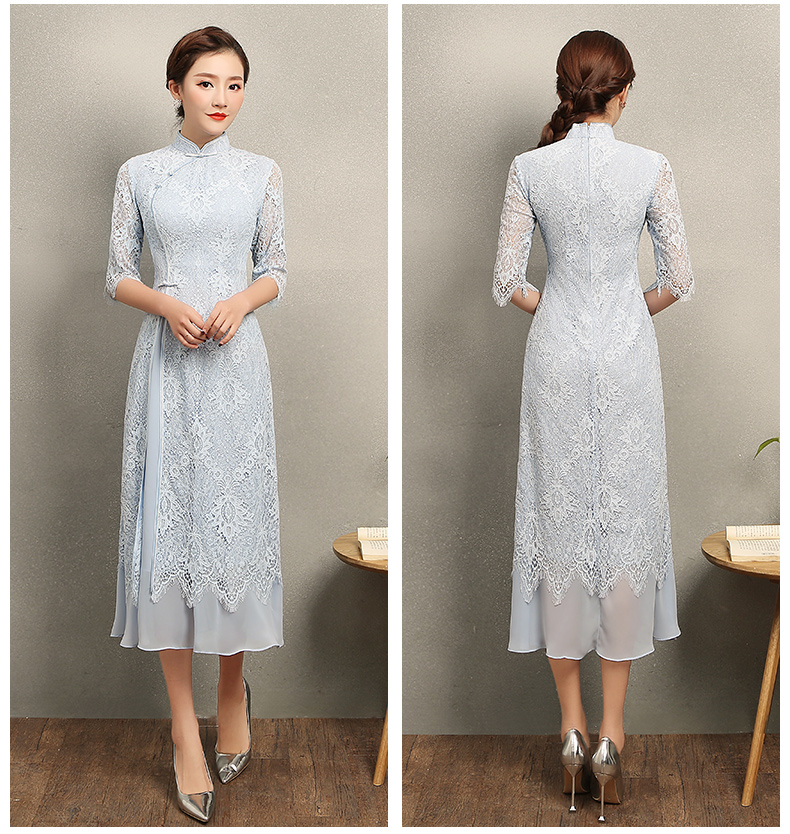 氣質(zhì)素藍(lán)色蕾絲旗袍，中袖中式旗袍裙
