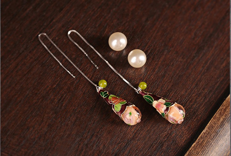 古風氣質(zhì)琉璃景泰藍耳環(huán)，水滴造型純銀耳線首