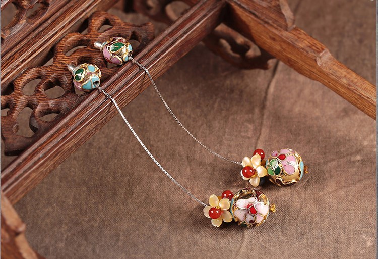 華麗景泰藍耳環(huán)，花朵圓珠純銀耳線首飾