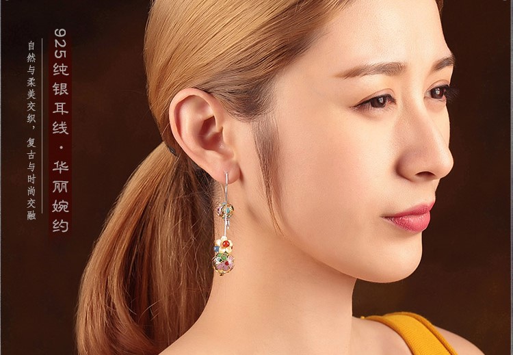 華麗景泰藍耳環(huán)，花朵圓珠純銀耳線首飾